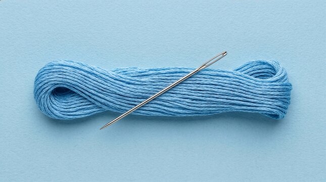 Light Blue Embroidery Floss Skein and Metal Sewing Needle Arranged on a Solid Pastel Background for Textile Crafting Projects