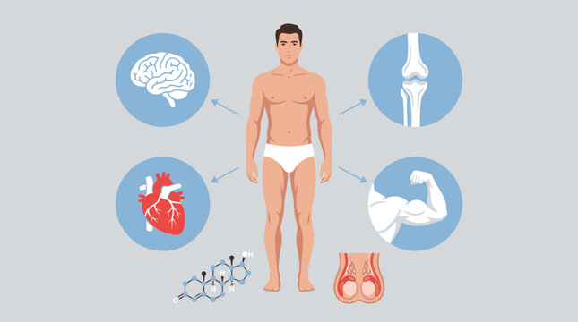 Male Anatomy Infographic featuring internal organ icons and testosterone molecule. Perfect for medical education and men's health content.