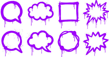 Purple graffiti speech bubbles with paint drips, set of 8 urban spray paint frames, street art dialogue clouds and comic bubbles for graphic design © Dr Nadeem