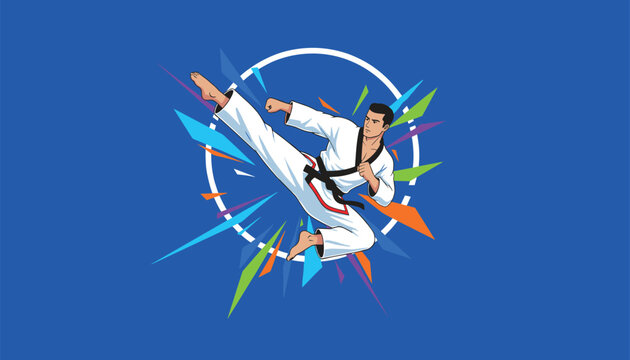 Karate fighter performing a flying kick on a deep blue background with vibrant geometric glass shard elements.