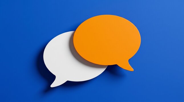 Orange and white speech bubbles representing communication and dialogue on a blue background