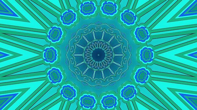 Turquoise aqua kaleidoscope animation background loop glowing mandala geometric circular patterns for opening video motion intro footage