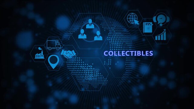 Digital collectibles concept with futuristic global network interface featuring animated for e-commerce, logistics, and corporate business strategy in a high-tech blue data visualization