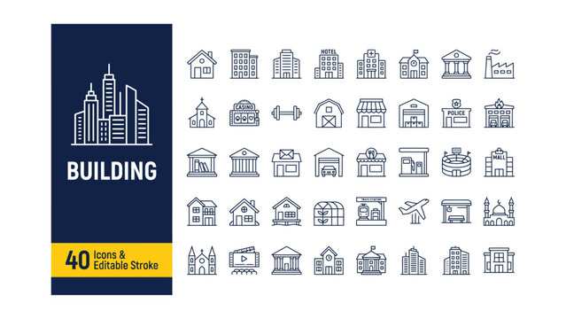 Building Web Icons in Line Style. Hotel, Hospital, Apartment, Skyscraper, Residential House, Shopping Center, Caf&eacute;, Collection. Editable Stroke. Vector Illustration.