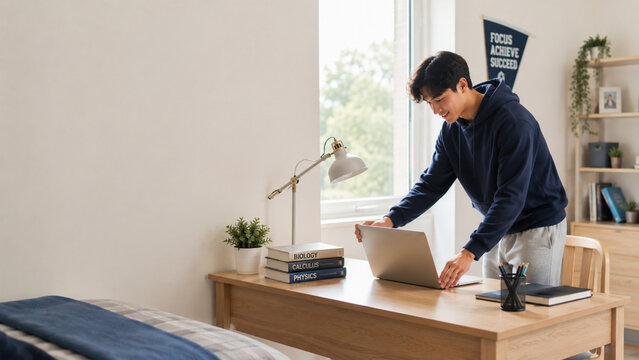 Male student organizing laptop and books on study desk in bright dorm room