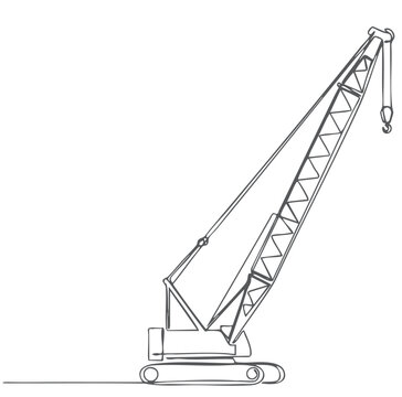 Continuous one line drawing of crawler crane isolated on white background, minimalist outline illustration featuring tracked lifting machine with lattice boom, hook.