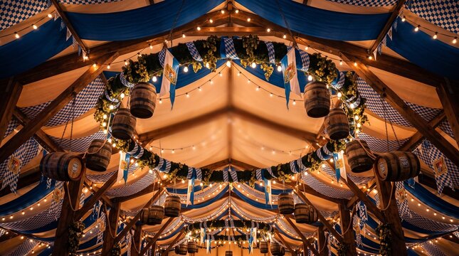 Interior of decorated Oktoberfest beer tent ceiling with blue fabric banners, wooden barrels, and lights for Beer Day