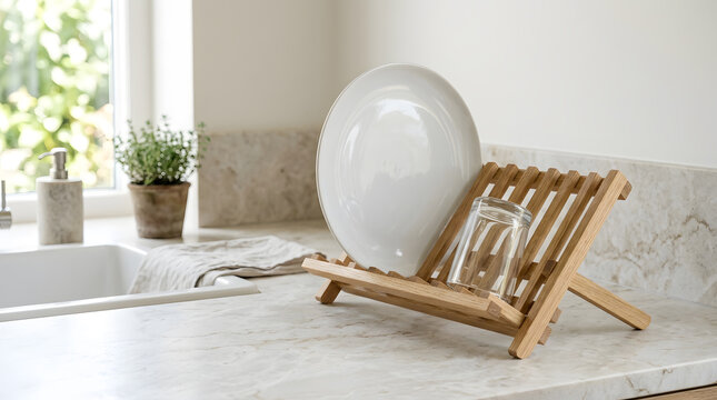 Wooden dish drying rack with white ceramic plate and glass on marble kitchen countertop near sink