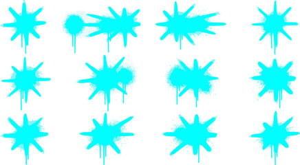 Cyan spray paint starburst collection, 12 neon blue graffiti splatters and drips, urban street art star shapes for graphic design © Dr Nadeem