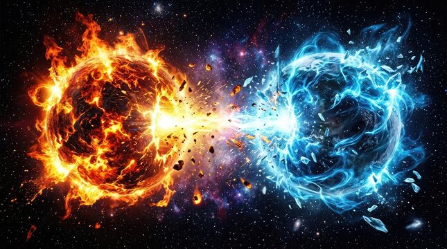 Abstract background featuring a powerful collision between a burning fire sphere and a freezing ice orb