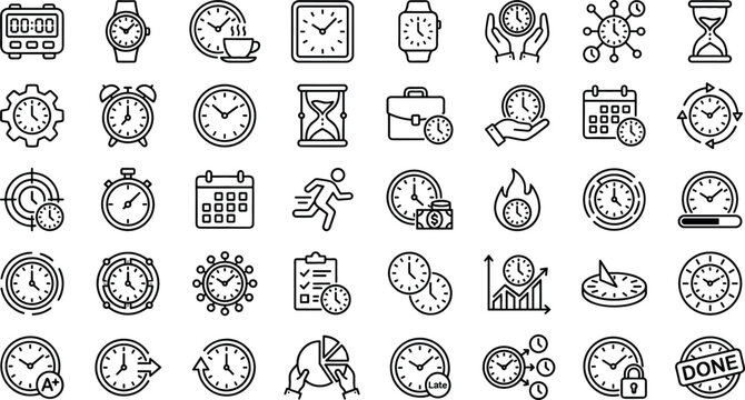 Time Management and Productivity Scheduling Icon Set with Calendars, Stopwatches, Alarm Clocks, and Project Deadline Symbols Vector Line Illustration
