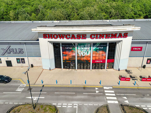 Nantgarw, Rhondda Cynon Taf, Wales - 15 July 2026: Aerial view of the Showcase Cinema in Nantgarw near Pontypridd in south Wales