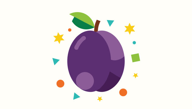 Whole purple plum fruit with green leaves in the center of colorful geometric confetti and stars, on a clean light background.