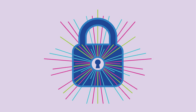 Secure blue padlock icon emitting vibrant neon rays of light, representing cybersecurity, data protection, and digital safety.