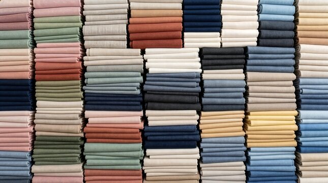 Colorful Stacks of Fabric Swatches and Textile Samples in a Modern Fashion Design Studio or Tailor Shop Background