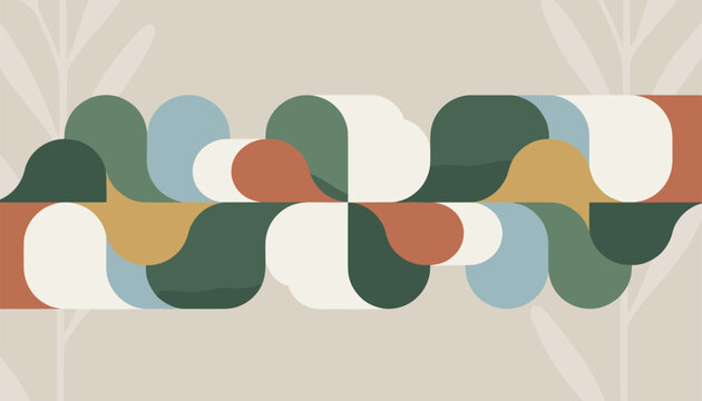 Abstract retro geometric pattern featuring interlocking curved wave shapes in earth-toned colors like green, orange, and blue.
