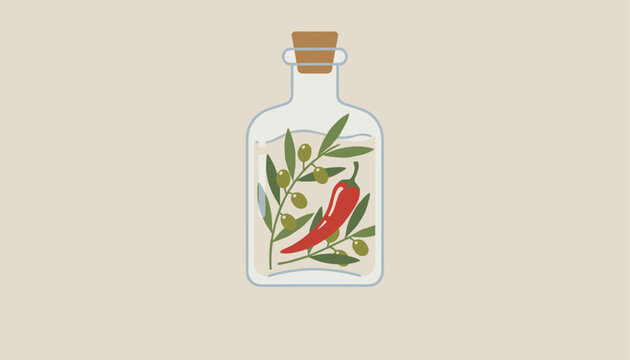 Glass bottle containing high-quality olive oil infused with a red chili pepper and green olive branches, set on a beige background.