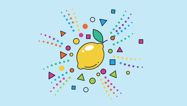 Whole yellow lemon fruit surrounded by a dynamic explosion of colorful geometric triangles, circles, and dots on a light blue background.