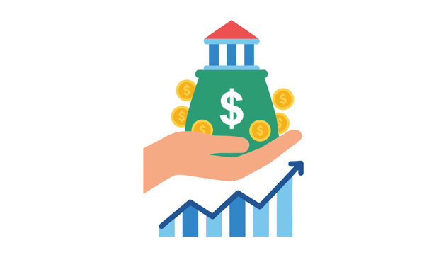 Businessman hand holding a large bag of money with a dollar sign, next to a bank building and a rising bar chart.