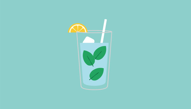 Refreshing glass of mojito cocktail containing green mint leaves, ice cubes, and a straw, decorated with a lemon slice.