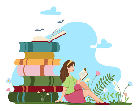 Girl reading a book sitting near giant stack of colourful books in grass, reading concept illustration isolated on transparent background