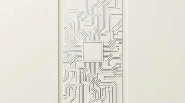Minimal microchip outline with abstract circuit pattern on white background
