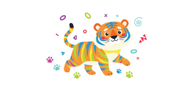 Cute little cartoon tiger with colorful rainbow stripes walks on a white background decorated with abstract shapes and paws.