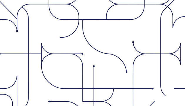 Modern abstract seamless pattern of thin blue curved lines and dots resembling elegant musical horns on a white background.