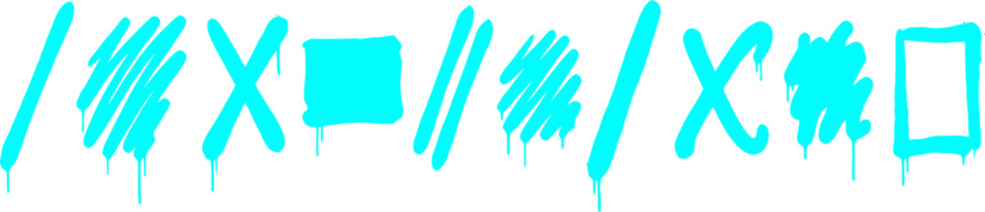 Cyan graffiti spray paint elements, 10 neon blue street art symbols with paint drips, urban spray can strokes and scribbles vector set © Dr Nadeem