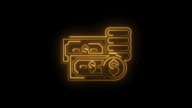 Glowing neon outline of dollar bills and stacked coins symbolizing wealth financial success icon