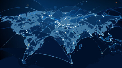 World map with glowing nodes and connecting lines a digital illustration in shades of blue global geography © Riya