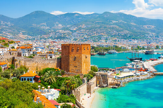 Panoramic view of the harbor of Alanya on a beautiful summer day. Alanya, Turkey 