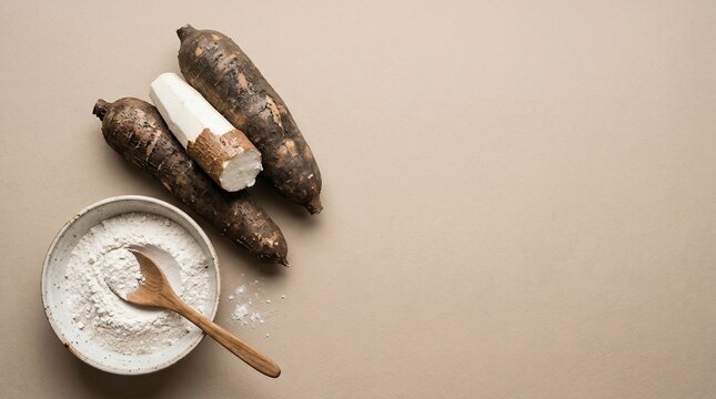 Fresh yacon root and powder on neutral background.