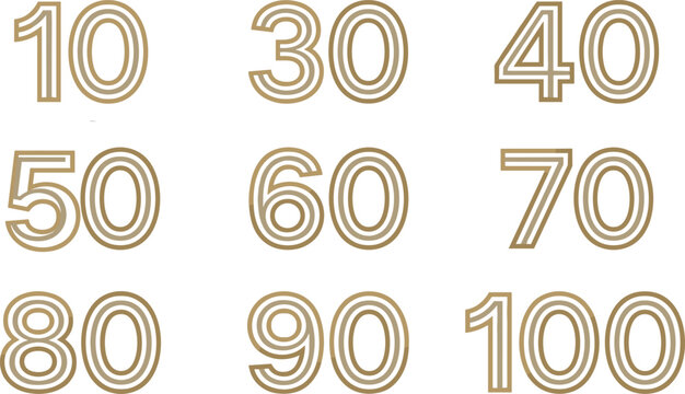Golden Multi Line Number Set for Anniversary Birthday Jubilee Celebration and Percentage Discount Sale Layouts From Ten to One Hundred Vector Illustration