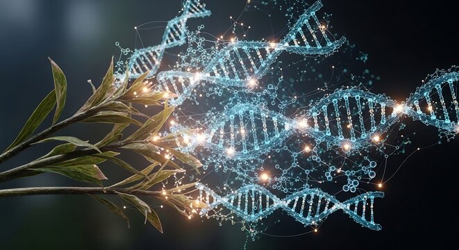 Plant leaves with glowing DNA helix in dark setting