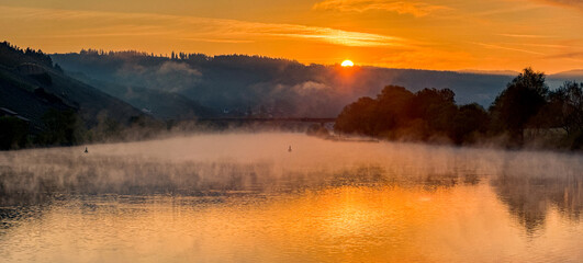 Fototapeta premium Scenic view sailing along the Moselle River at sunrise with mist on the water