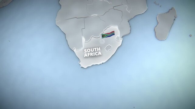 3D map of South Africa, Africa, featuring a national flag on a pole, extruded borders, and white typography over a blue ocean background for broadcast news.


