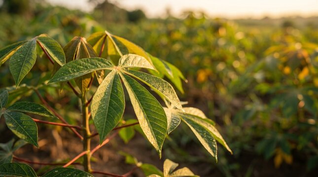 Green cassava leaves in a sunlit agricultural field.