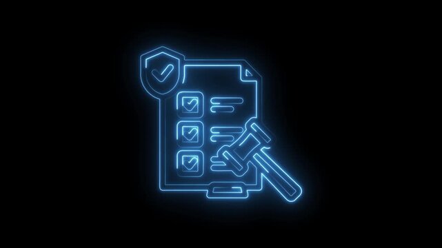 Neon glowing legal document checklist with shield and gavel icon symbolizing justice compliance