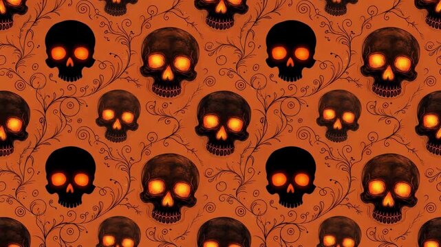 Seamless pattern of glowing skulls with swirling vine decorations on an orange background for halloween
