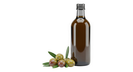 Obraz premium Glass bottle of extra virgin olive oil with fresh green olives on the side