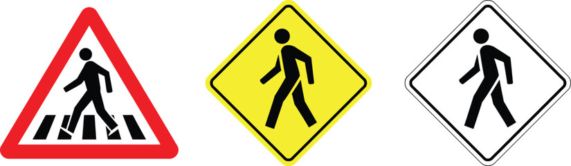 Three pedestrian crossing vector signs, walking human symbol illustration on road signs. © Minu