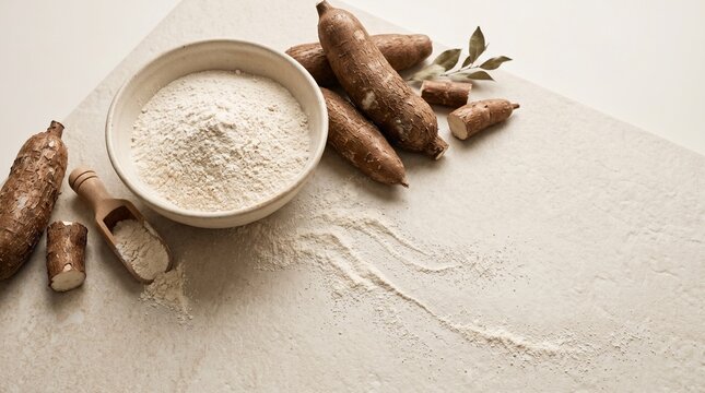 Fresh tapioca flour with cassava roots on light background.