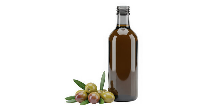 Glass bottle of extra virgin olive oil with fresh green olives on the side