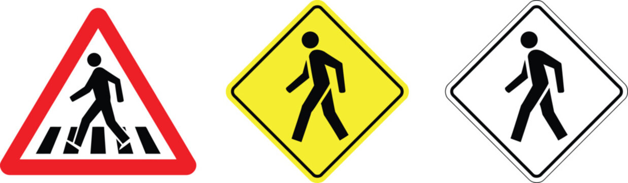Three pedestrian crossing vector signs, walking human symbol illustration on road signs.