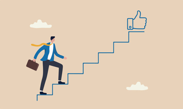 Success reach work achievement, stair or ladder of success, self improvement or career development, step to succeed and reach goal concept, businessman begin to walk up stair to thumb up