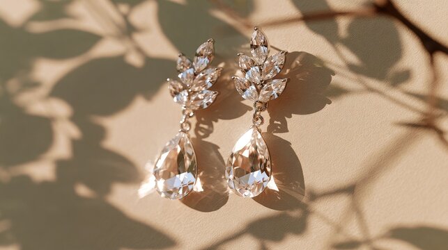 Elegant teardrop gemstone earrings dangle from a branch with dappled light