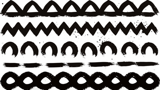 Black paint stroke patterns showcase various repeating shapes on a white background abstract art acrylic paint artistic expression background texture black and white
