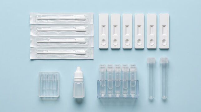 Blank diagnostic test kit components arranged on blue background