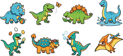 Cute cartoon dinosaur character set vector illustration showing playful prehistoric creatures engaging in fun activities with colorful design concept © MD